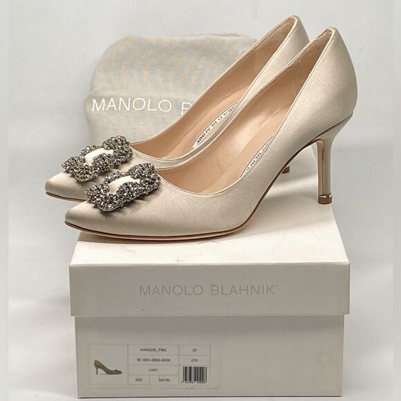 Manolo Blahnik Hangisi 70 Embellished Satin Pumps size 37 - Picture 11 of 13